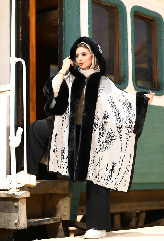 Fur Poncho With Jacquard Hood– 50019