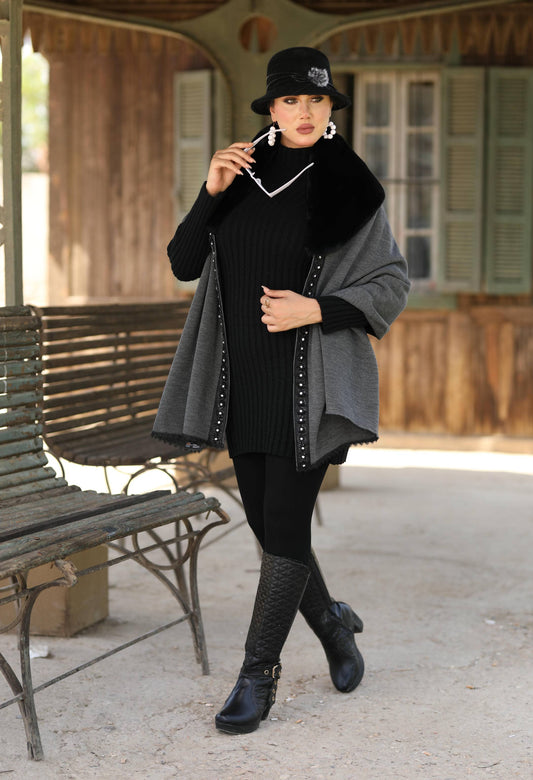 Knitted Shawl with Fur Collar & Accessory
Strip – 5006