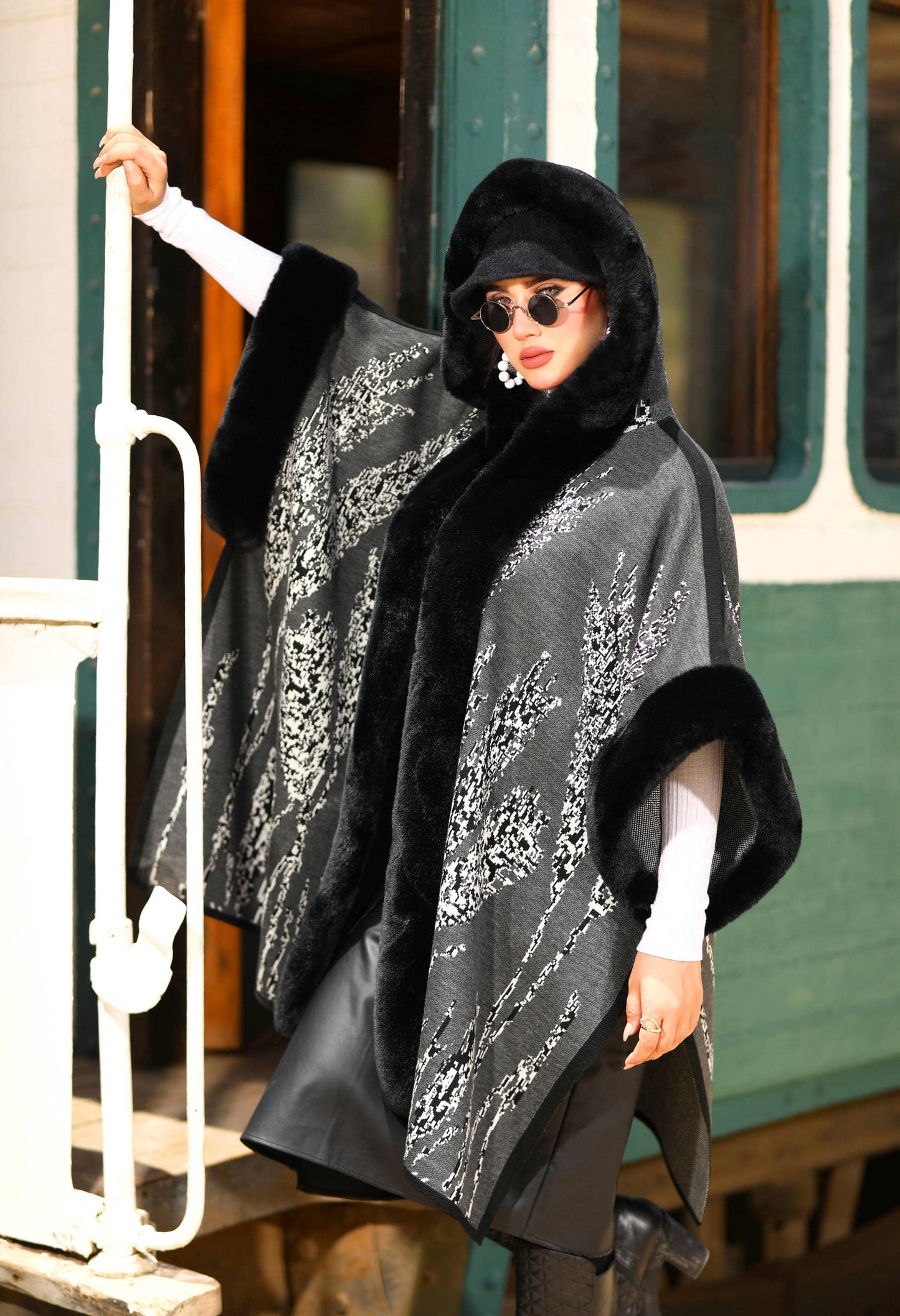 Fur Poncho With Jacquard Hood– 50019
