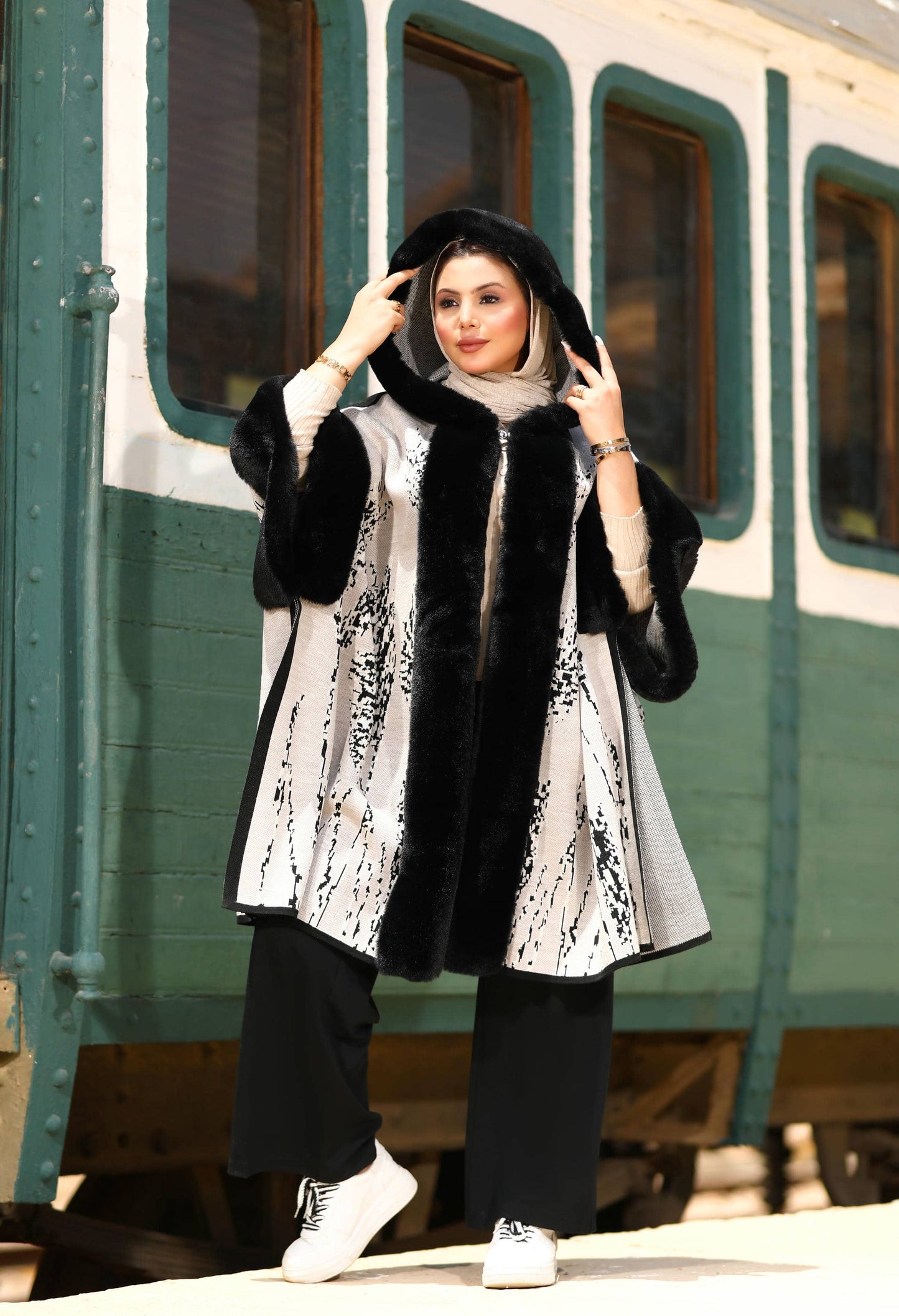 Fur Poncho With Jacquard Hood– 50019