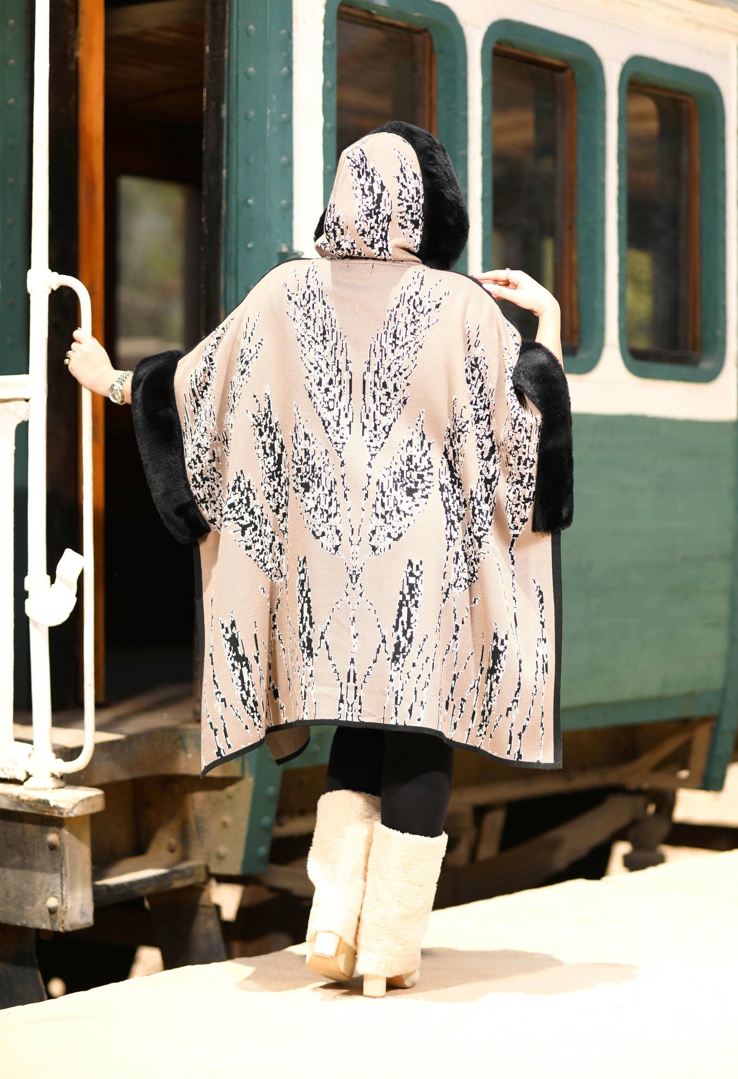 Fur Poncho With Jacquard Hood– 50019
