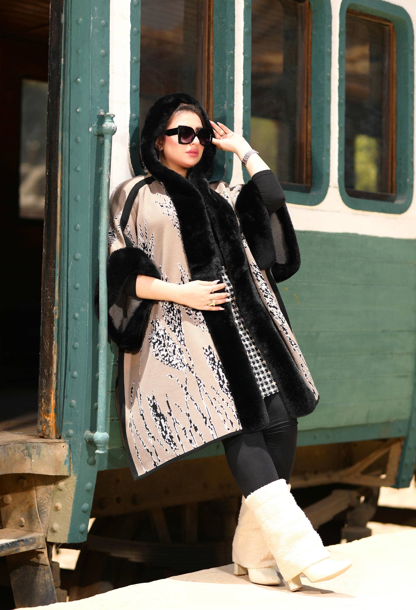 Fur Poncho With Jacquard Hood– 50019