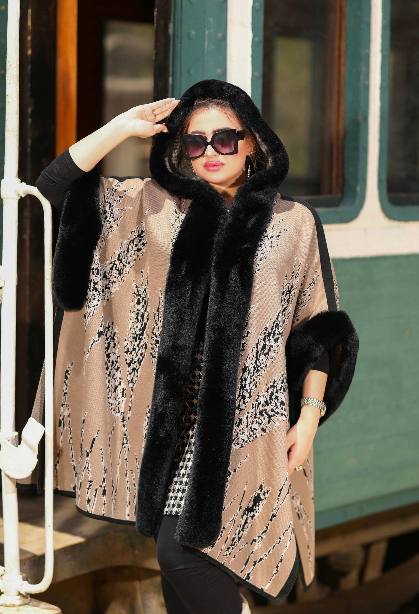 Fur Poncho With Jacquard Hood– 50019