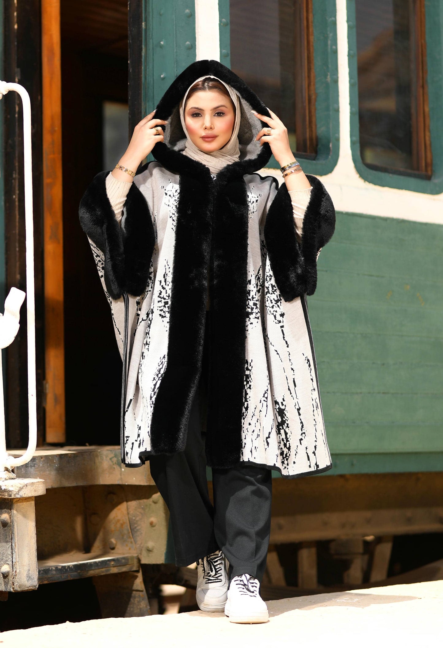 Fur Poncho With Jacquard Hood– 50019