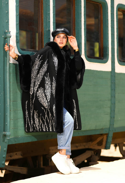 Fur Poncho With Jacquard Hood– 50019