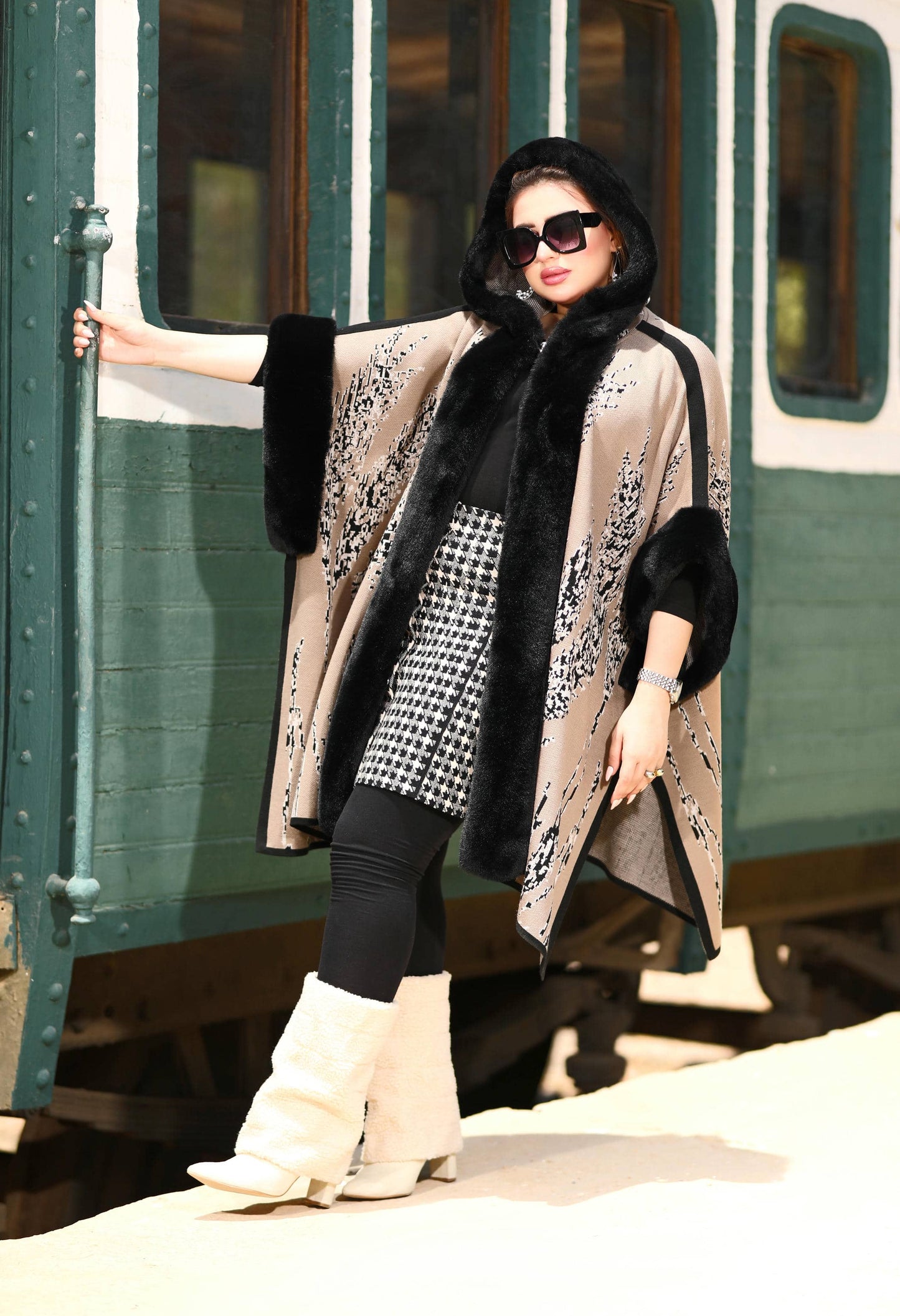 Fur Poncho With Jacquard Hood– 50019
