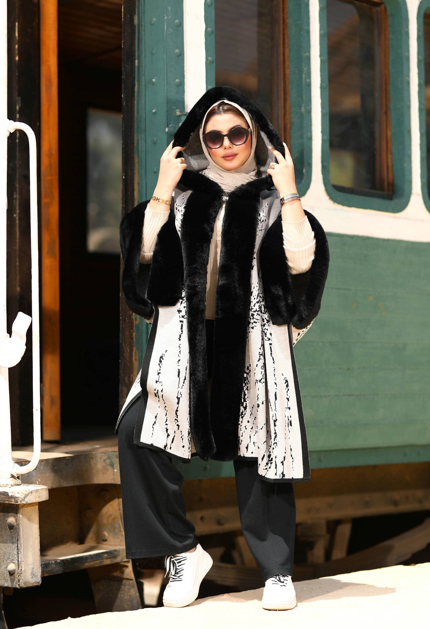 Fur Poncho With Jacquard Hood– 50019