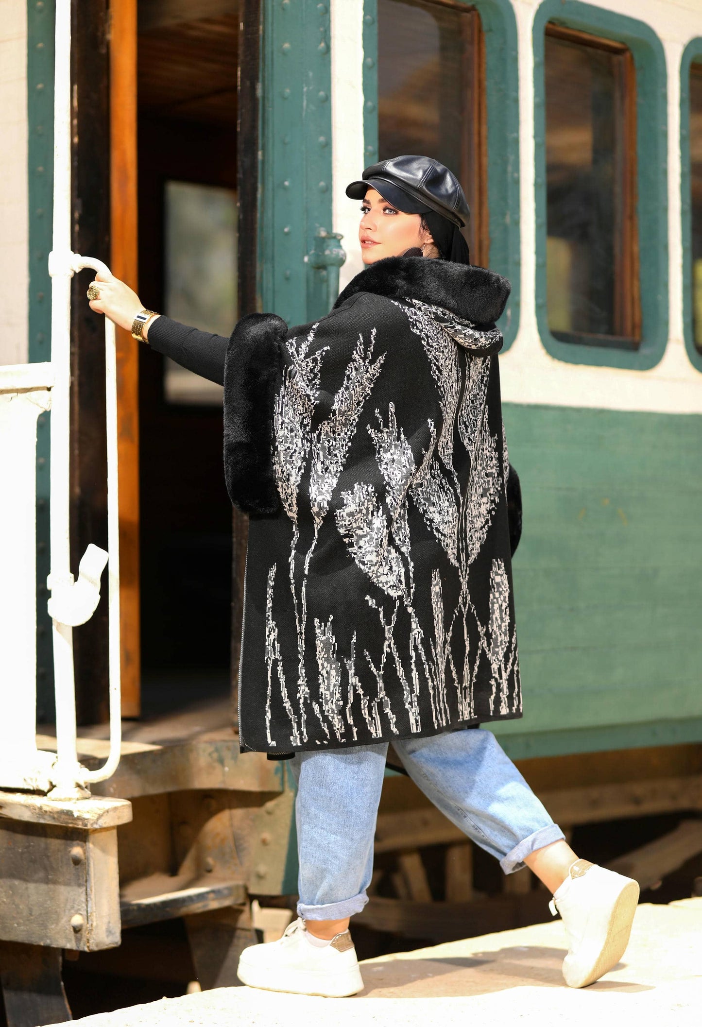 Fur Poncho With Jacquard Hood– 50019