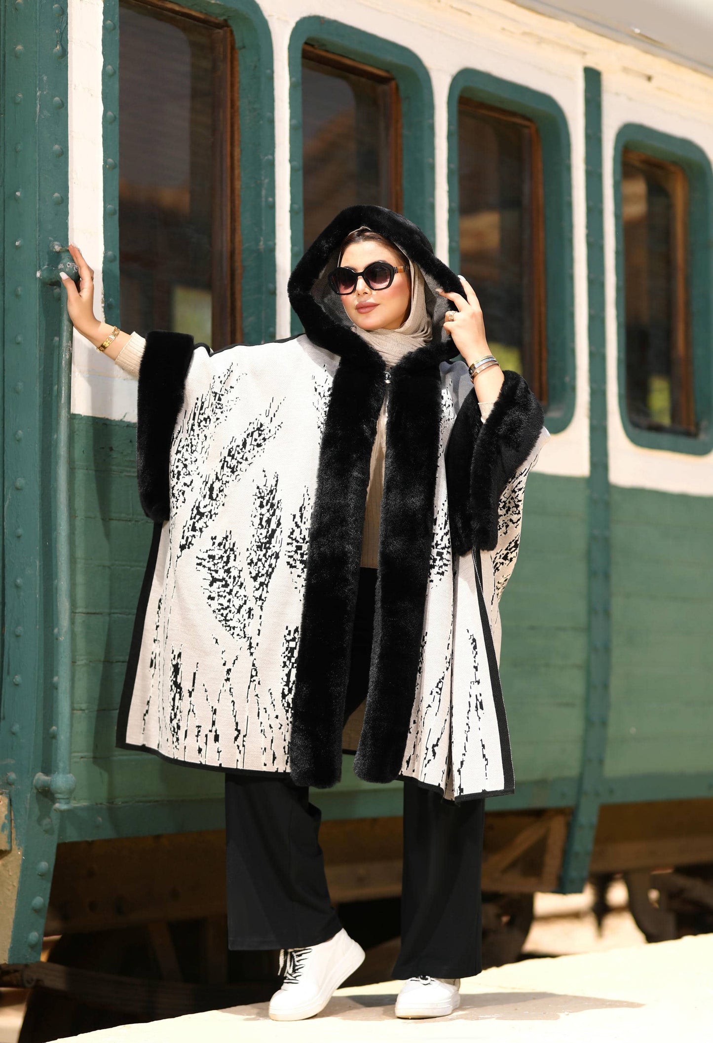 Fur Poncho With Jacquard Hood– 50019