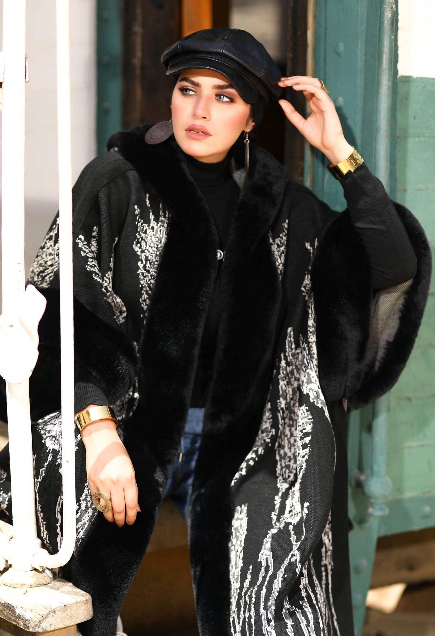 Fur Poncho With Jacquard Hood– 50019