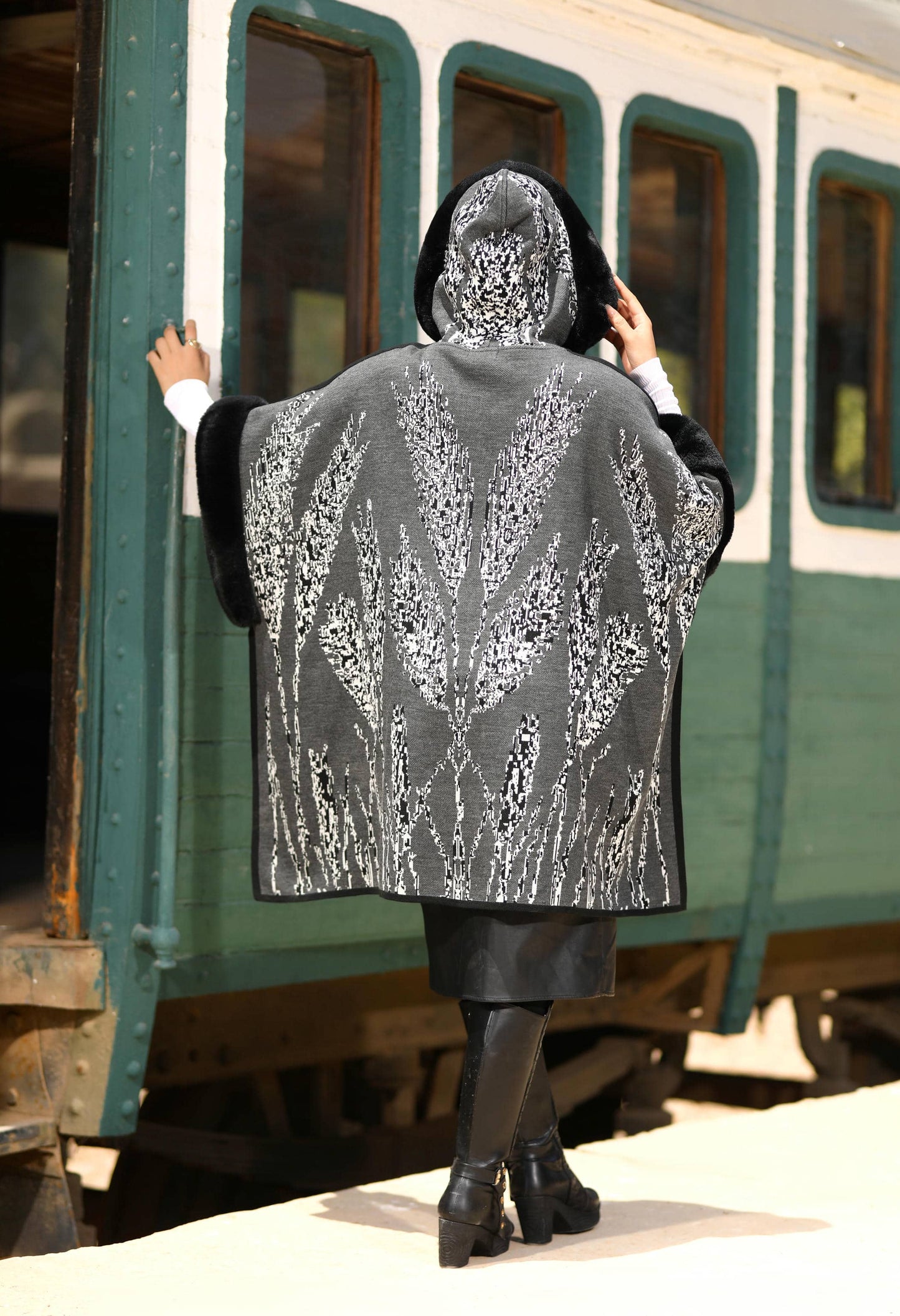 Fur Poncho With Jacquard Hood– 50019