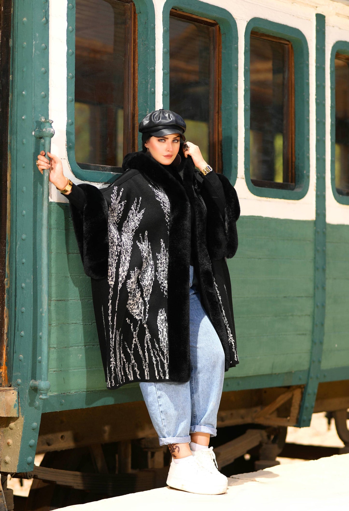 Fur Poncho With Jacquard Hood– 50019