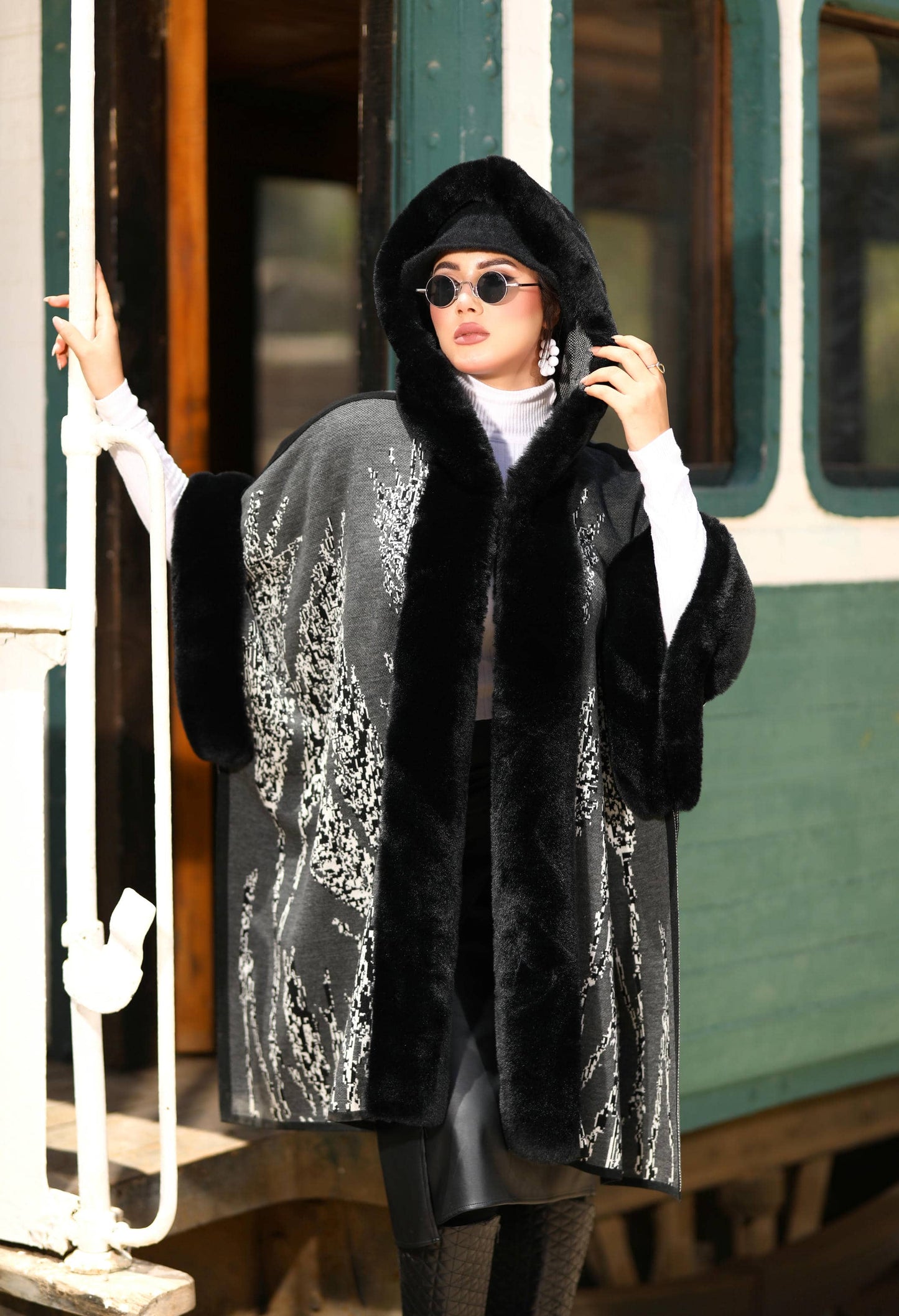 Fur Poncho With Jacquard Hood– 50019