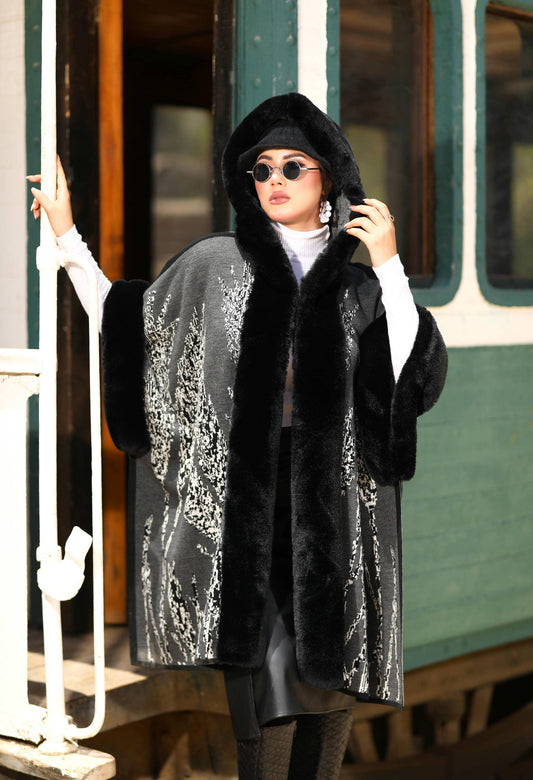 Fur Poncho With Jacquard Hood– 50019