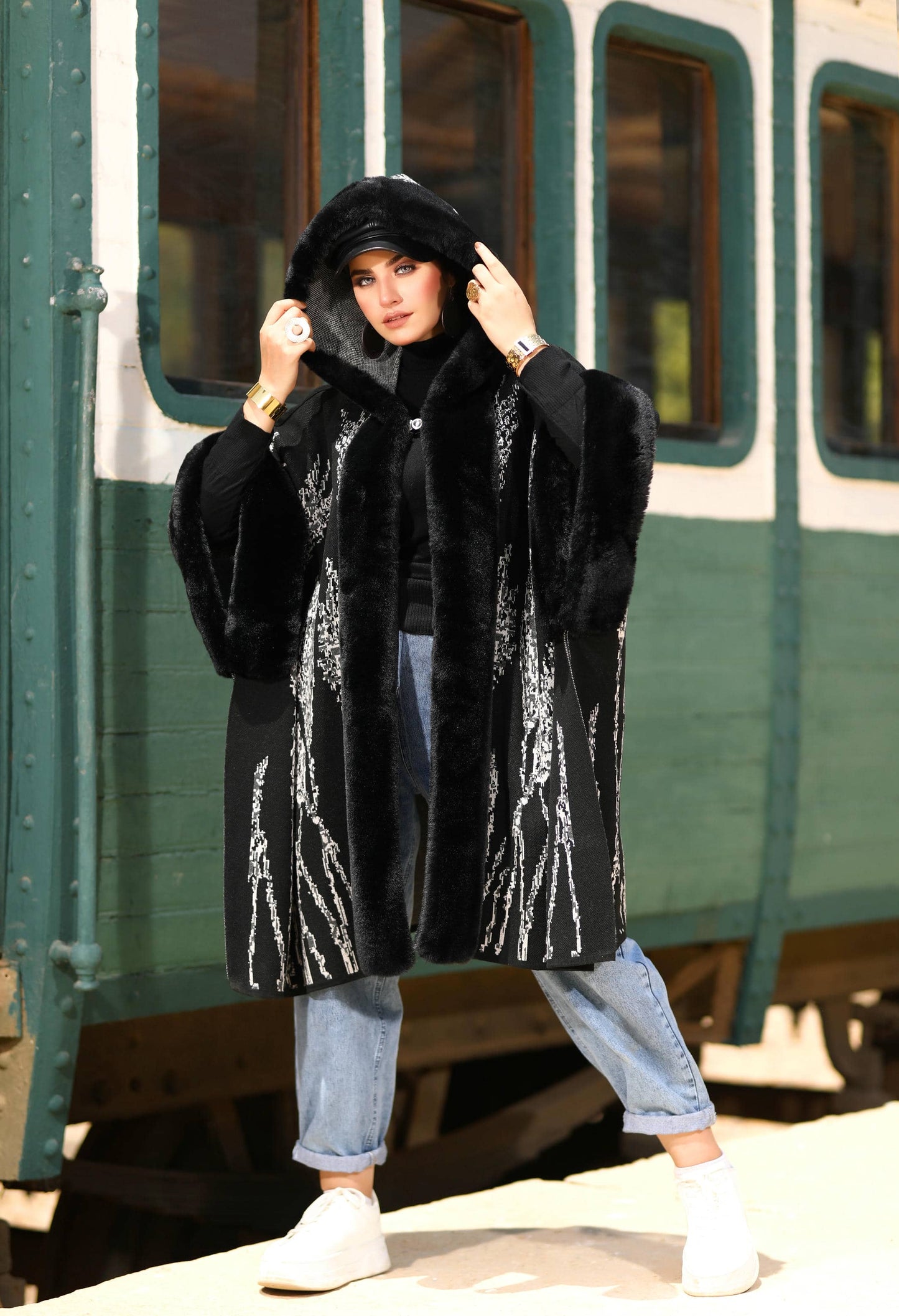 Fur Poncho With Jacquard Hood– 50019