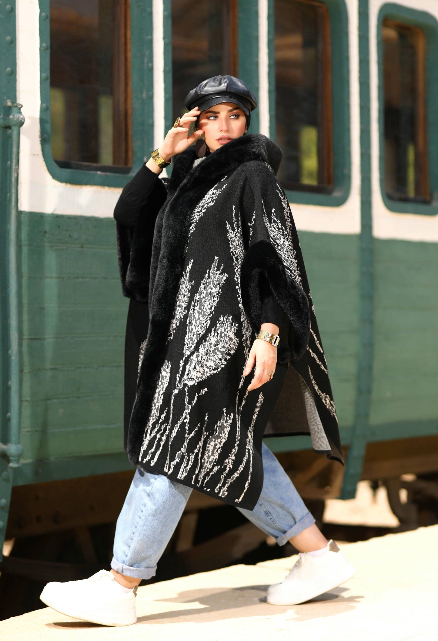 Fur Poncho With Jacquard Hood– 50019
