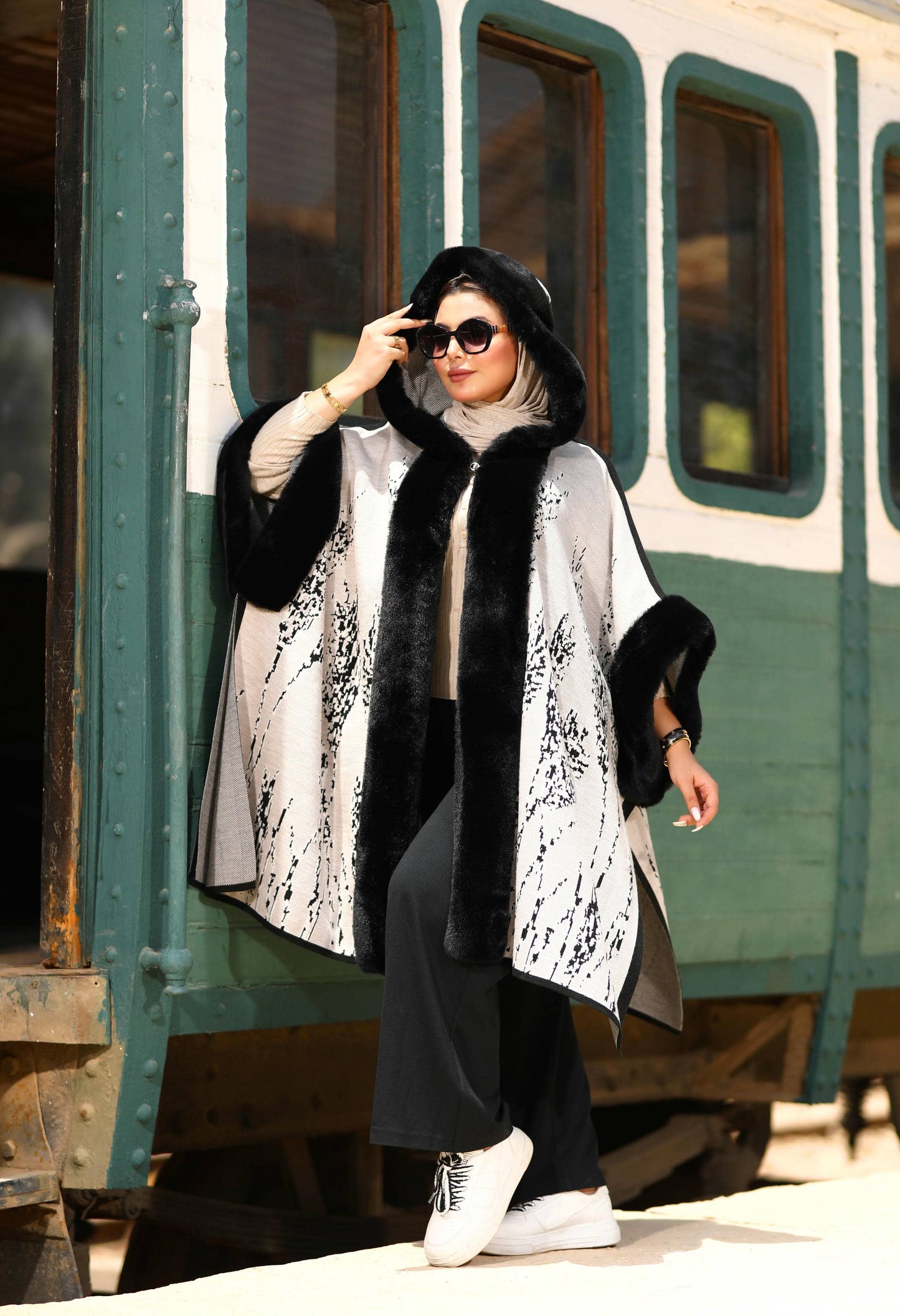 Fur Poncho With Jacquard Hood– 50019