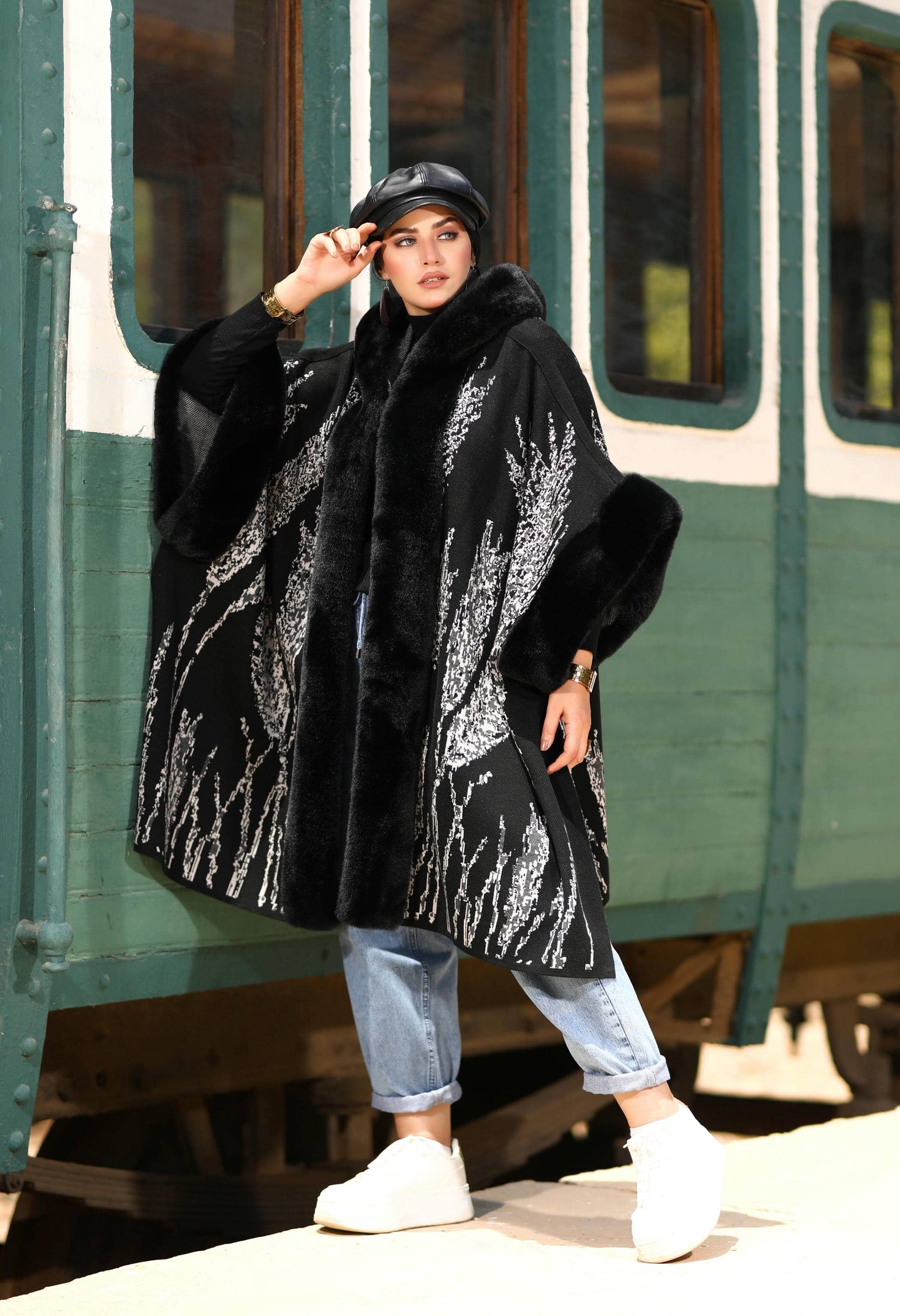 Fur Poncho With Jacquard Hood– 50019